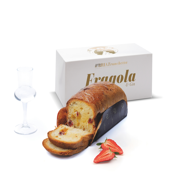 Foto scatola Bria Tronchetto Fragola & Gin 500g, con immagine prodotto all'interno e gusti rappresentativi: fragola e bicchiere di Gin